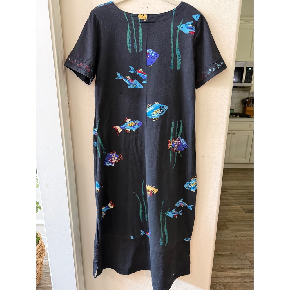 Copa Cabana Vintage Fish Print Cotton Midi Dress Black Boho Coastal Cowgirl M - Picture 2 of 6